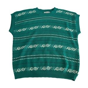 Vintage 80s‎ Jennifer Adams Knit Sweater Vest Sleeveless Green White Women Large